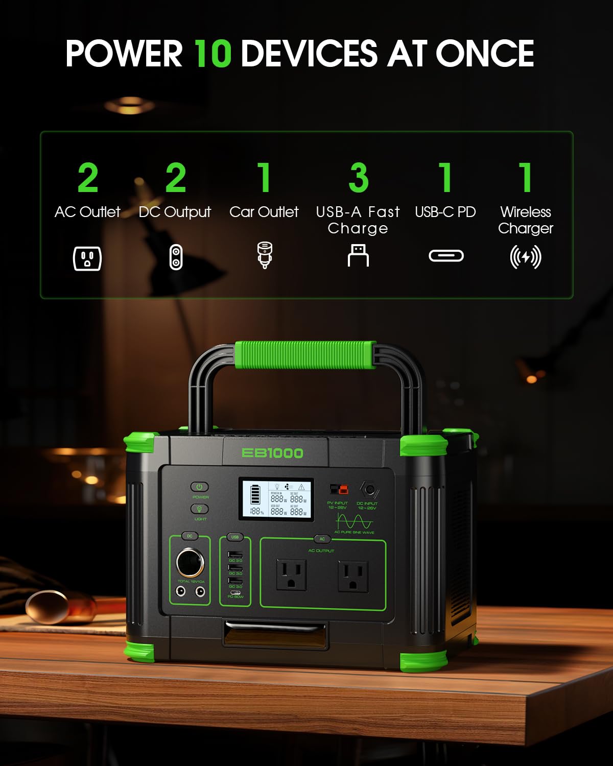 1000W Portable Power Station 999Wh, 110V Pure Sine Wave AC Outlet (2000W Peak), 60W PD USB-C & 10 Ports, Solar Generator for Home Backup, Outdoor Camping, RV, Emergency, Off-Grid Living
