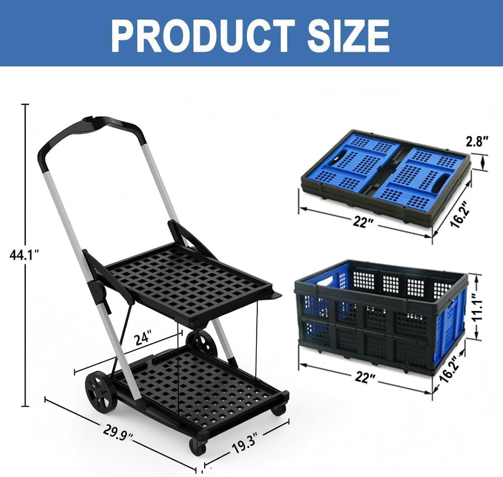 Shopping Cart with 2 Storage Crates, Multi Use Functional Collapsible Carts with 360° Rolling Swivel Wheels Heavy Duty Folding Trolley for Shopping, Picnic and Office