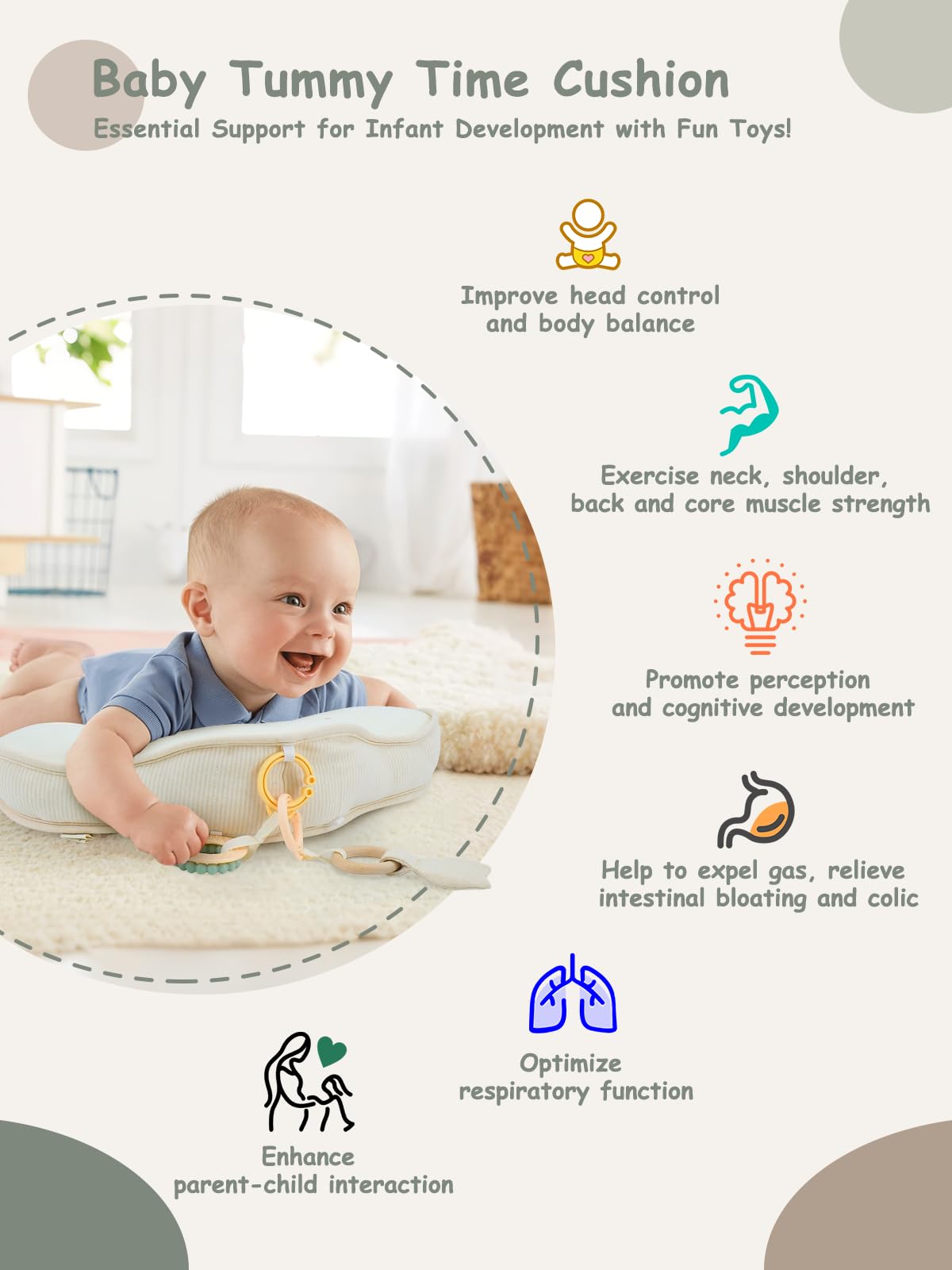 COTTONBEBE Organic Baby Tummy Time Cushion with 2 Detachable Toys for Newborn Babies,Soft Cotton Tummy Time Pillow Promotes Development, Ergonomic Design,Ideal Baby Gift
