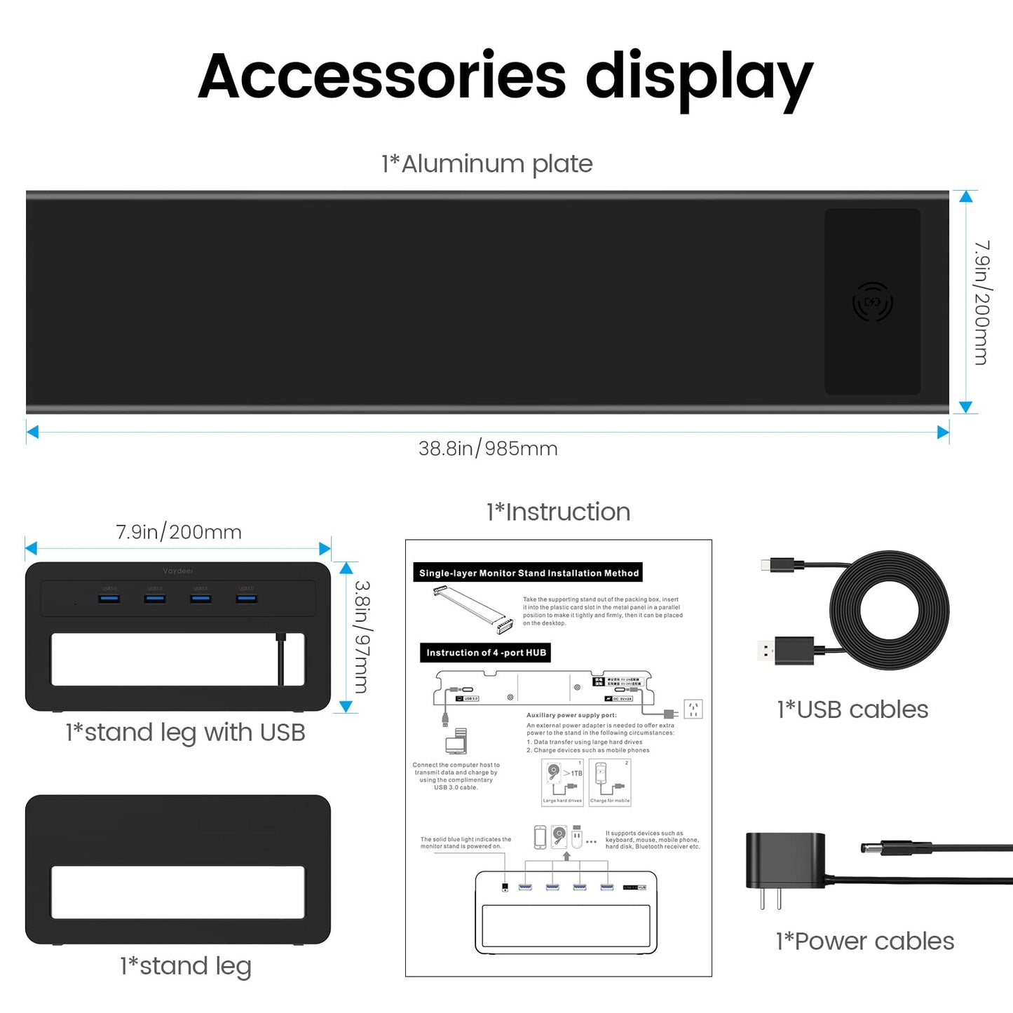 Vaydeer Dual Monitor Stand, Double Monitor Riser with Wireless Charger and 4 USB 3.0 Hub Ports, Metal Desk Raiser for 2 Monitors, PC Screen iMac Studio Display Gaming Office Work Space Saver Organizer