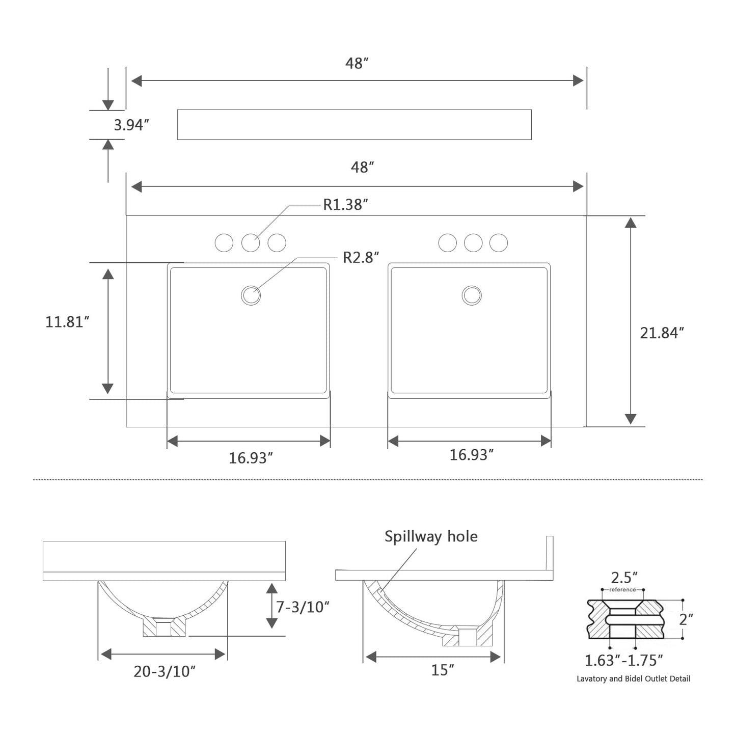 EQLOO 48"x22" Vanity Top with Sink, Engineered Stone Vanity Top with Rectangular Undermount Ceramic Double Sink, 8 Inch Faucet Hole Spacing with Backsplash Countertops for Bathroom