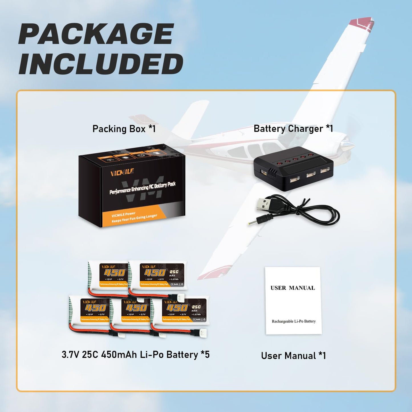 VICMILE 3.7V Lipo Battery 450mAh High Capacity 25C RC Molex Drone Battery with 5-in-1 Charger for SYMA Q11 AT-96 TR-C385 TR-P51 TR-F22 H99W H31 H6C H98 Holy Stone HS170G HS170 HS170C HS230 Quadcopter