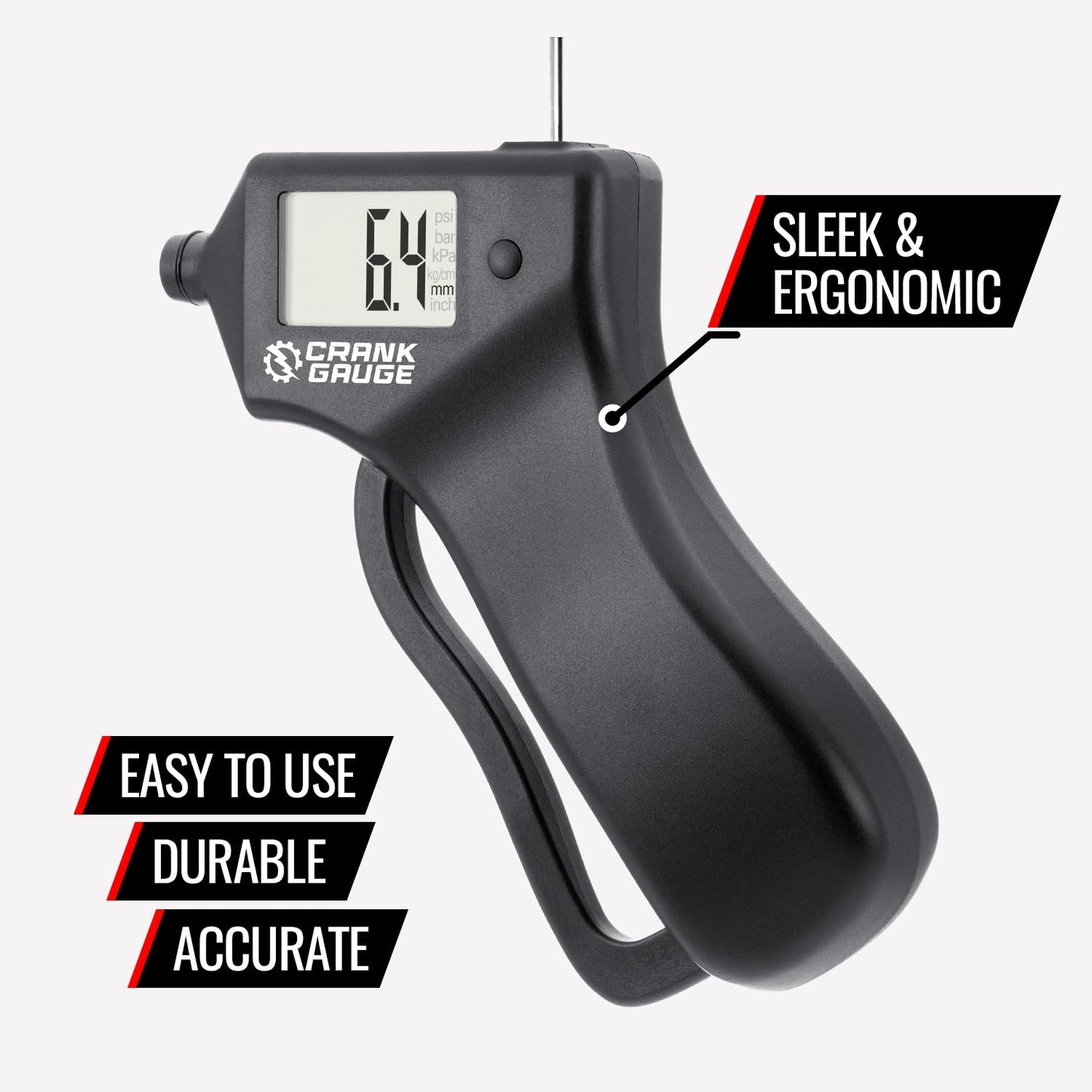 CrankGauge Battery-Free Tire Pressure Gauge (5-99 psi) and Tread Depth Meter (0-15mm) for Car, SUV and Motorcycle – Crank-Powered, Digital Display, Accurate and Eco-Friendly