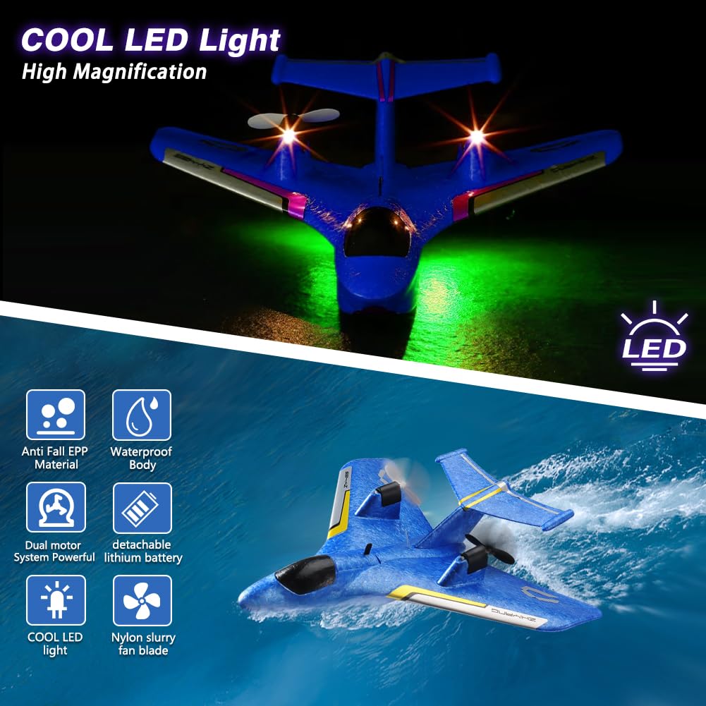 RoofWorld RC Water Plane,RC Airplane for Water Land and Air, Remote Control Airplane Flying Fighter Toys,2.4GHz 6-axis Gyro Stabilizer RTF Glider Aircraft Jet for Kids Adults Beginners Boys (Blue)