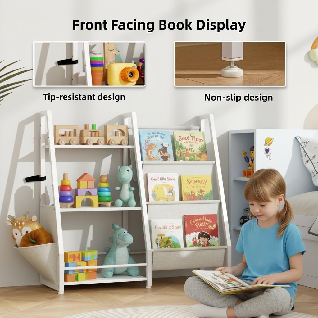Trygoal 3-Tier Bookshelf, Multi-Layer Open Storage Rack, Toy and Book Storage Rack with Deep Pockets, Bookshelf Organizer Display Furniture for Bedroom, Playroom, Nursery and Classroom, White
