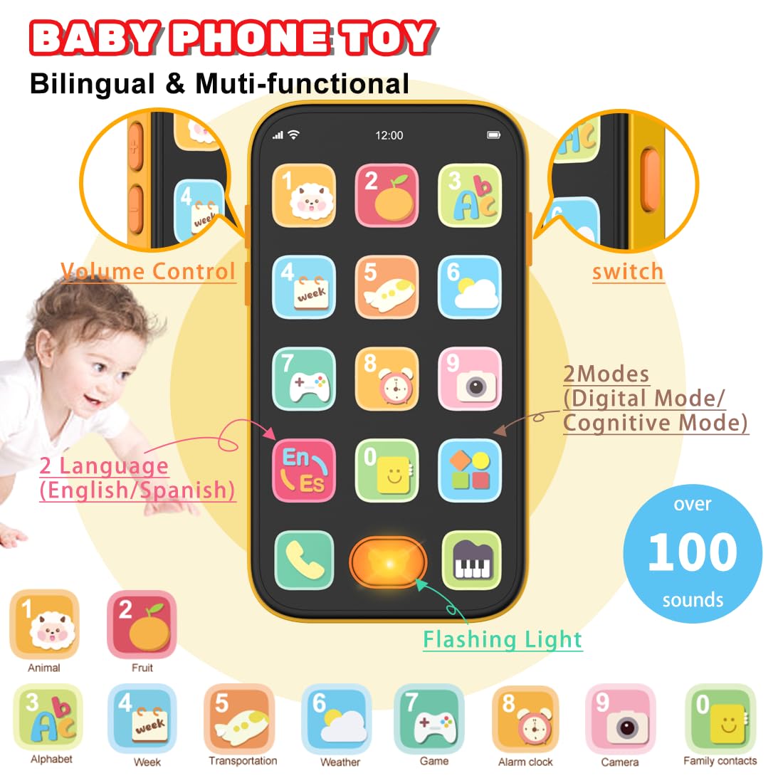 Baby Phone TV Remote Toy Set, Bilingual Play Phones Toy Remote for Baby with Music Light for 6+ Months, Early Learning Baby Toys Gift for 1 Year Old Boys Girls Toddler Infant, English/Spanish, Orange