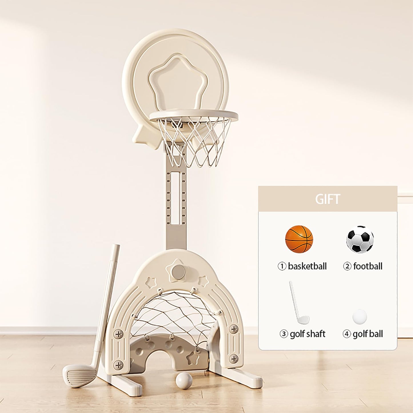 Toddler Basketball Hoop Set with 3 Balls, Adjustable Basketball Hoop Set Indoor Outdoor for Kids, Toddler Sports Activity Center, Portable Basketball Soccer Golf Game Set, Birthday Gift Grey