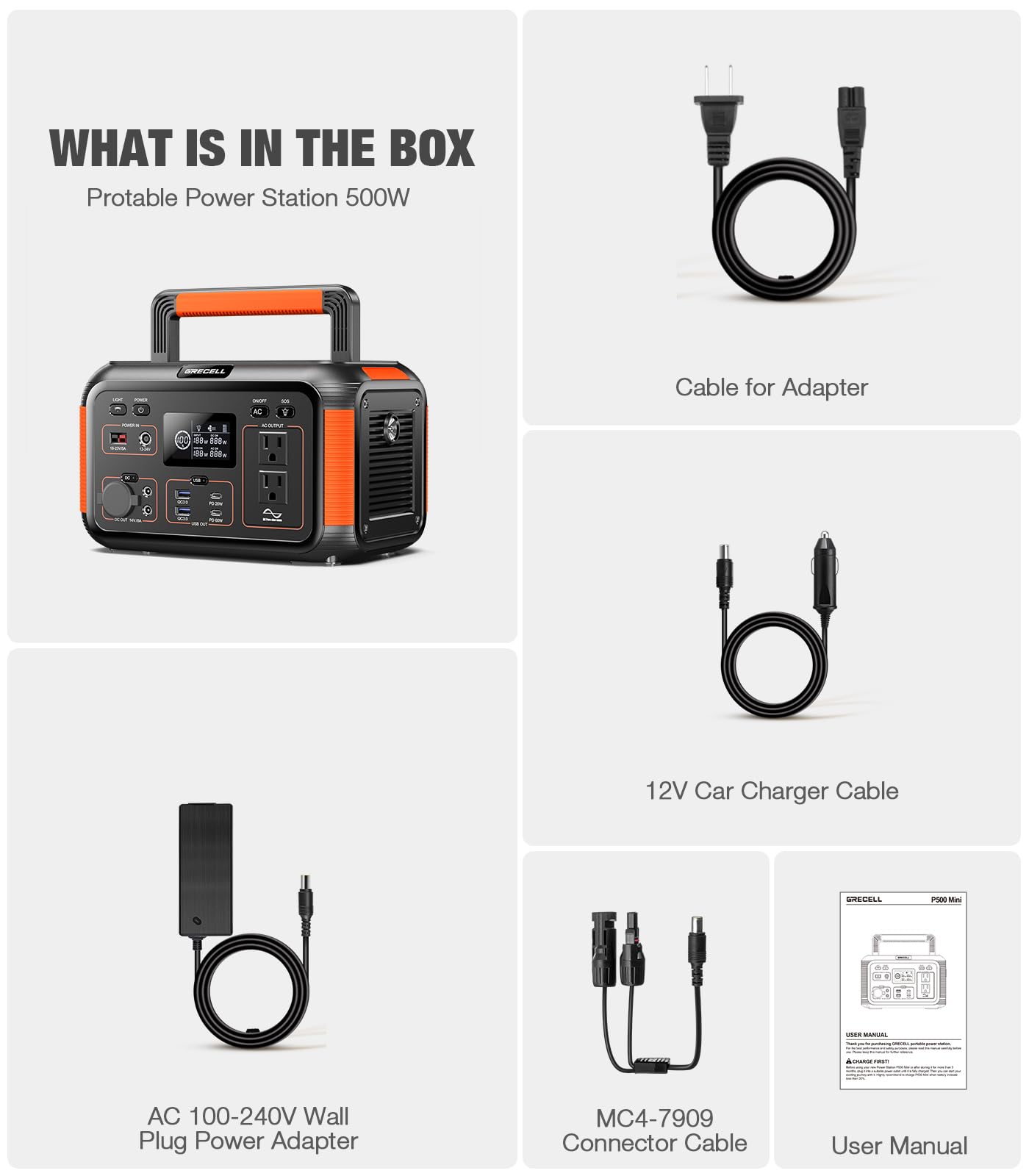 GRECELL 500W Portable Power Station 444Wh Solar Generator with 110V Pure Sine Wave AC Outlet/PD60W, 1000W Peak power station for Camping Trip RV Outdoor Home Emergency Backup & Solar Powered