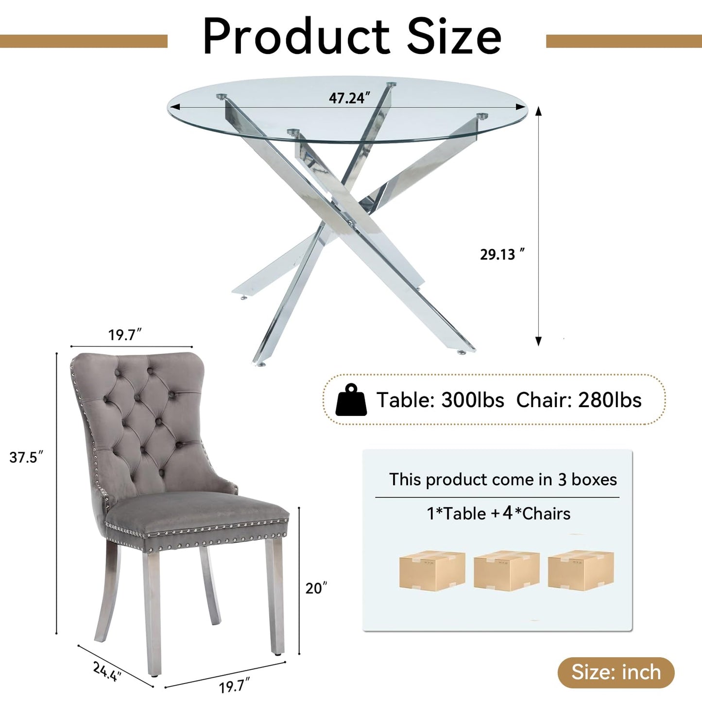 KUVADAZ 47.24" Modern Silver Glass Dining Room Table Set for 4, 5-Piece Round Kitchen Dining Table Set with Cross Metal Legs and 4 Grey Velvet Upholstered Chairs, Glass Kitchen Table and Chairs Set