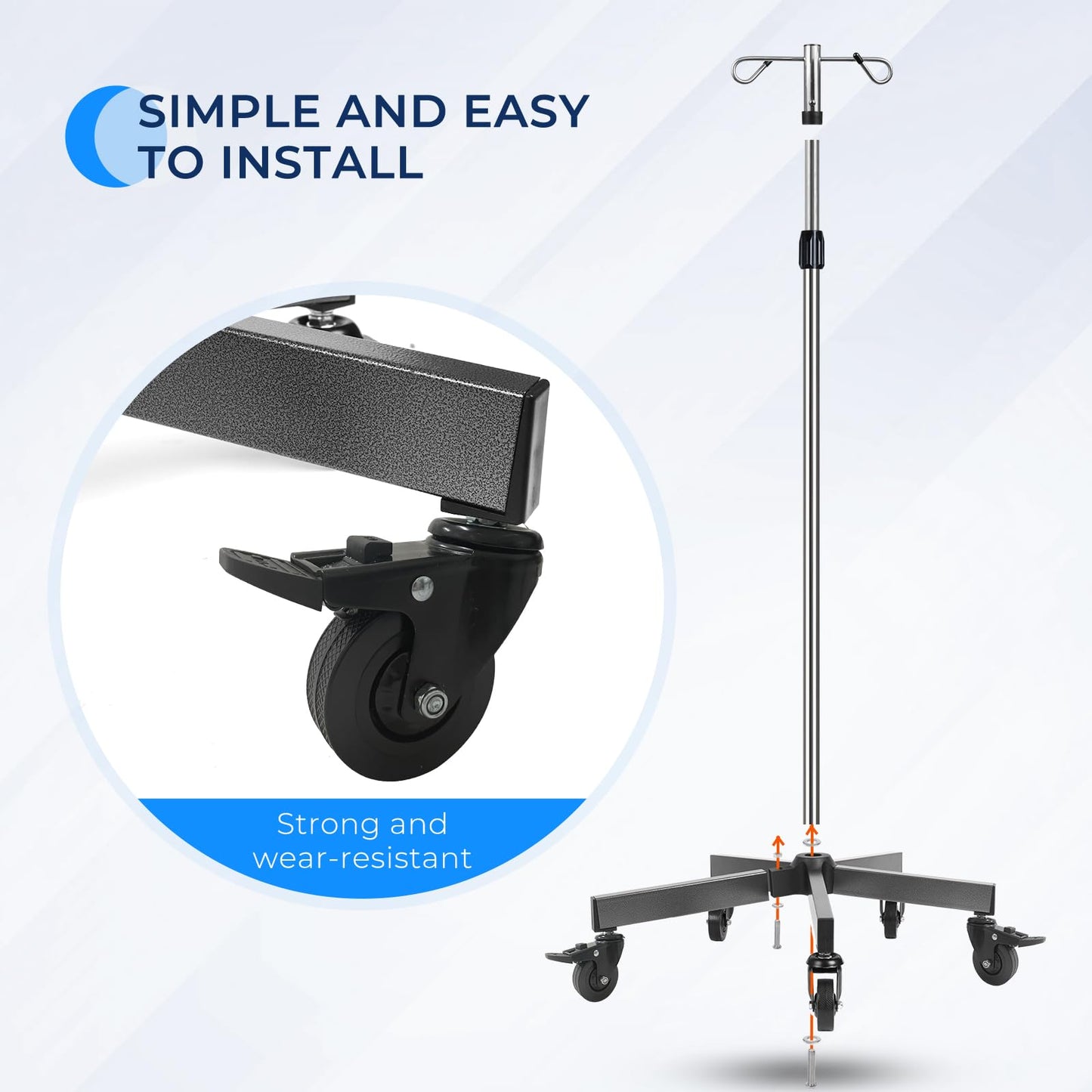Konmee 2 PCS IV Poles IV Stands Portable Rolling 2 Hook 5 Legs Adjustable Height with Brake Wheels, Stainless Steel