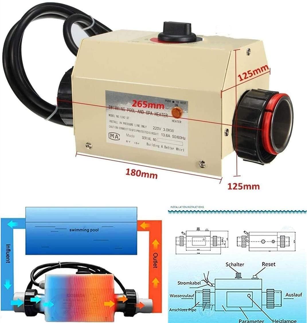 AYCHLG Swimming Pool Heat Pump, Electric Swimming Pool Heater for Above Ground Pools, up to 2000gallons, Max Output 12000BTU/hr, Heat Exchanger,110V~120V/60Hz No Plug