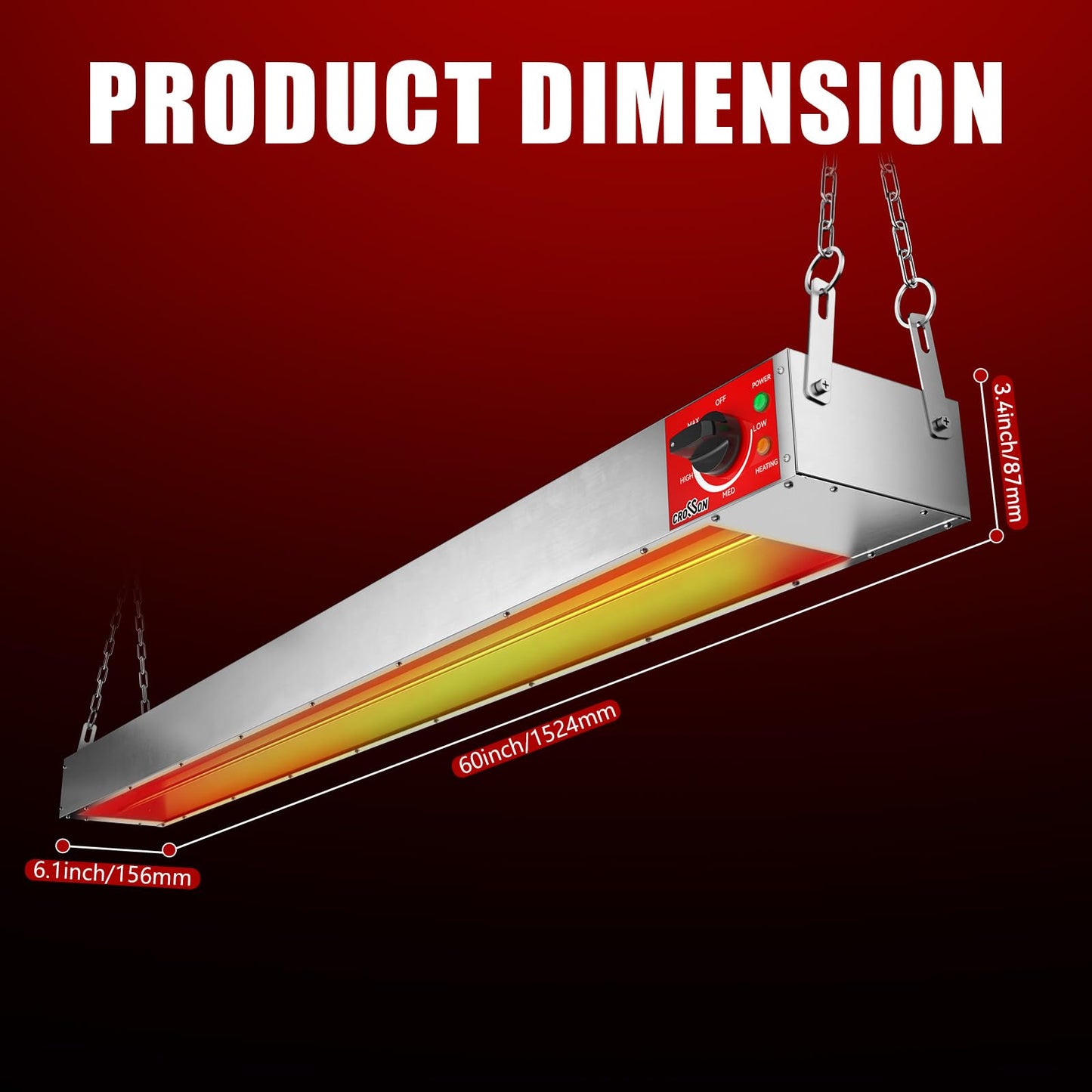 crosson Electric Strip Heater Commercial,60 Inch Food Heat Lamp with German EGO Thermostat,Dual Installation Options,Food Warming Lamp Heater for Catering Kitchen Restaurant Buffet,1550W