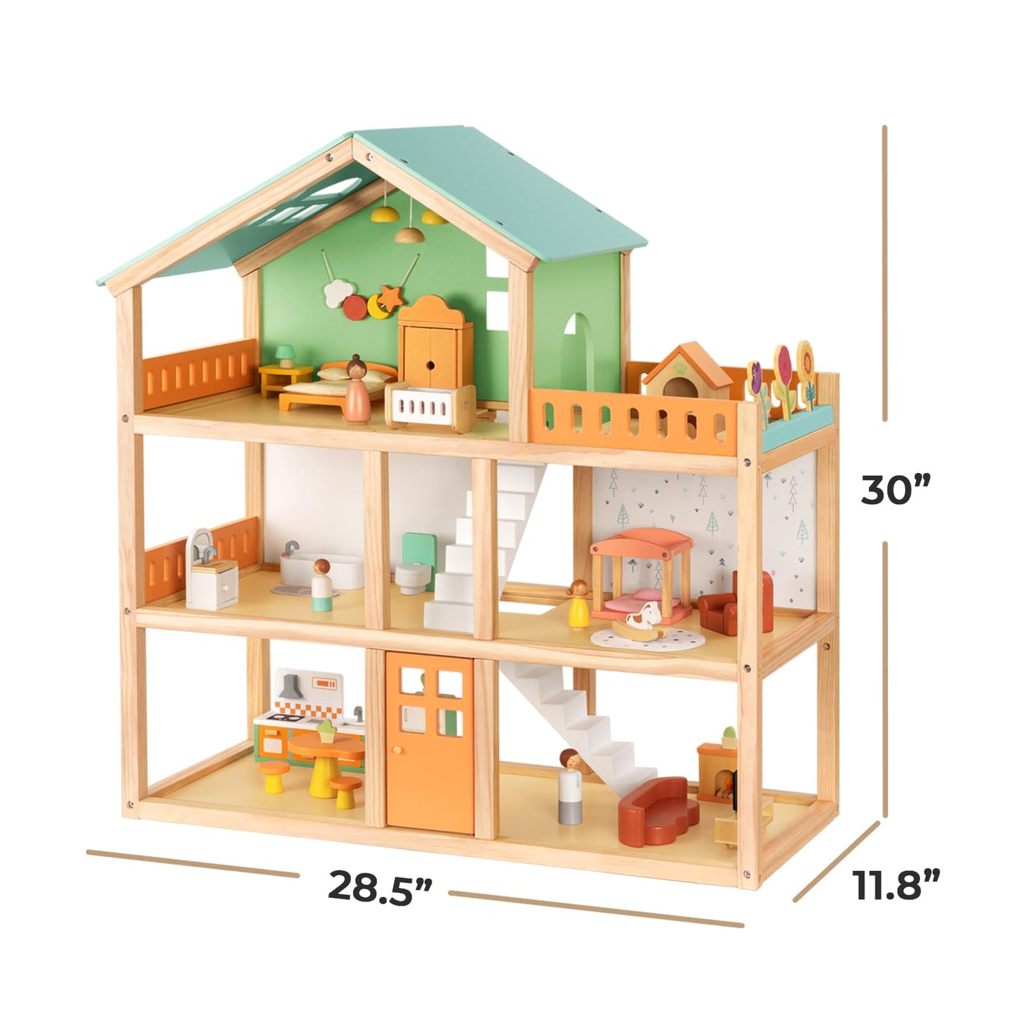 OOOK Large Wooden Dollhouse with 42 Pcs Luxurious Furniture Accessories, 3-Story Doll House 6 Rooms Balcony Wooden Stairs, Ideal Modern Doll House for 3 Year Old