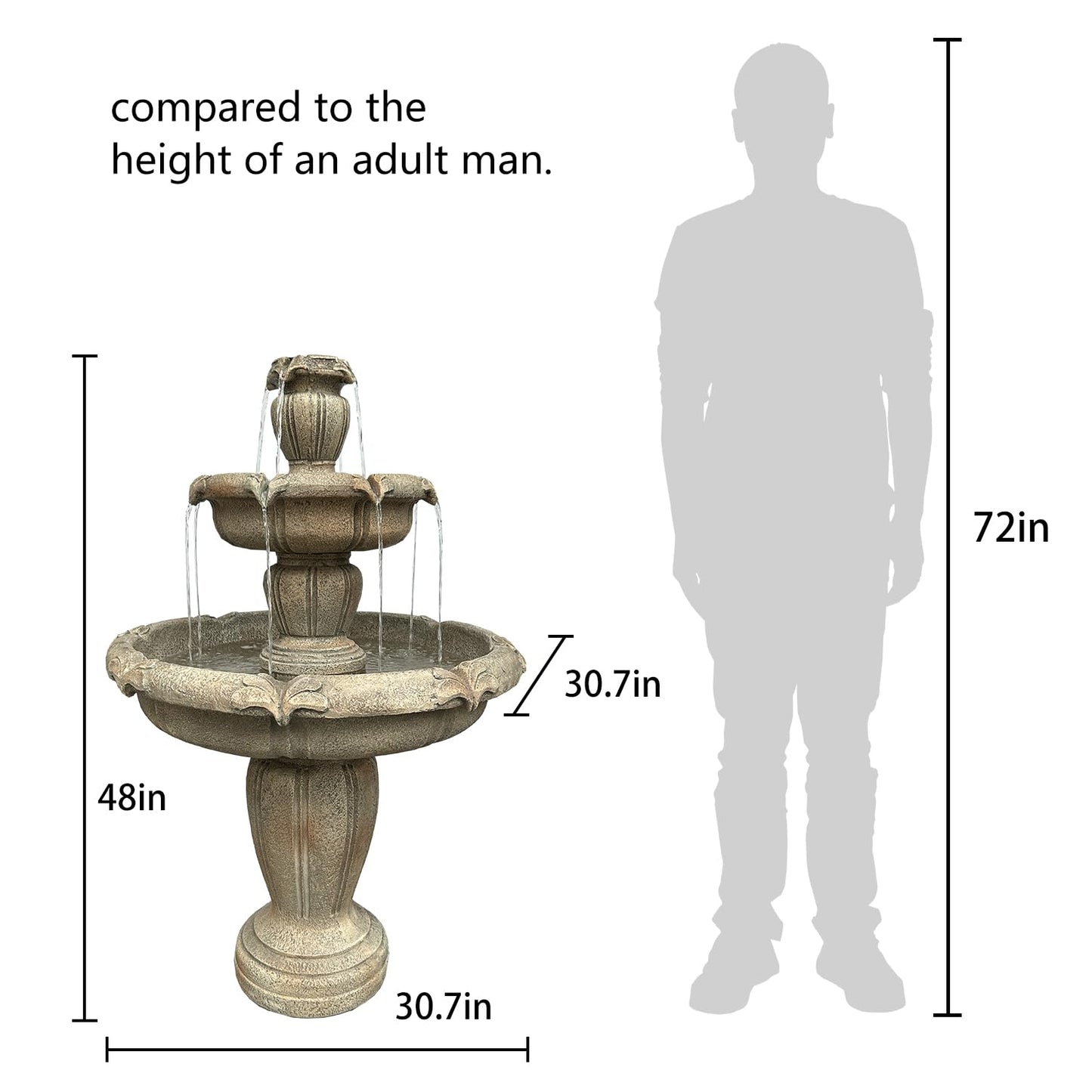 ourrco 48” H Outdoor Floor Water Fountain, 3-Tiers Concrete Water Fountain with Submersible Electric Pump - Garden Cascading Waterfall for Yard Patio Lawn Home Decor