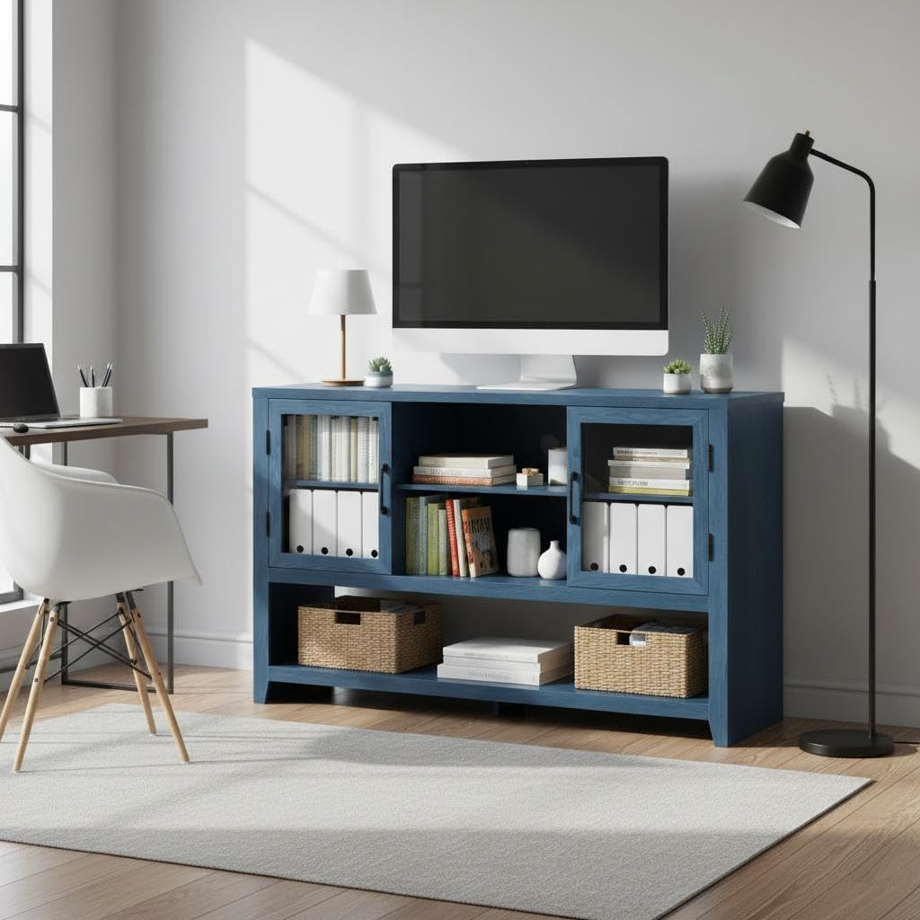Garvee 53" Kitchen Buffet Sideboard Cabinet - Coffee Bar Table with 2 Glass Doors and 3 Shelves, Modern Storage Cabinet for Living Room, Entryway, Dining Room, Blue