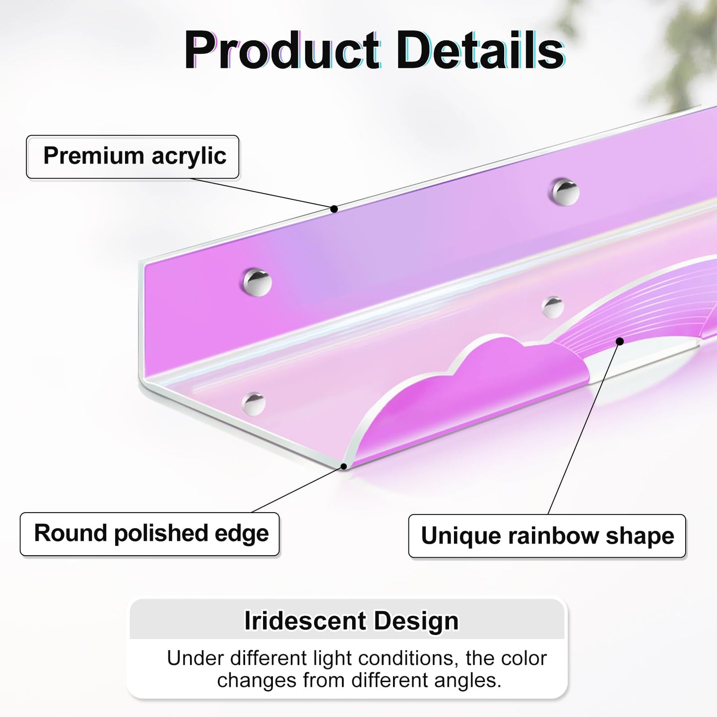 wooshwa Iridescent Rainbow Acrylic Floating Shelves,15in Kids Wall Mounted Nursery Bookshelves, Display Ledge for Books Toys Cosmetic, Bathroom Bedroom Living Room Wall Decor and Storage, 4 Pack