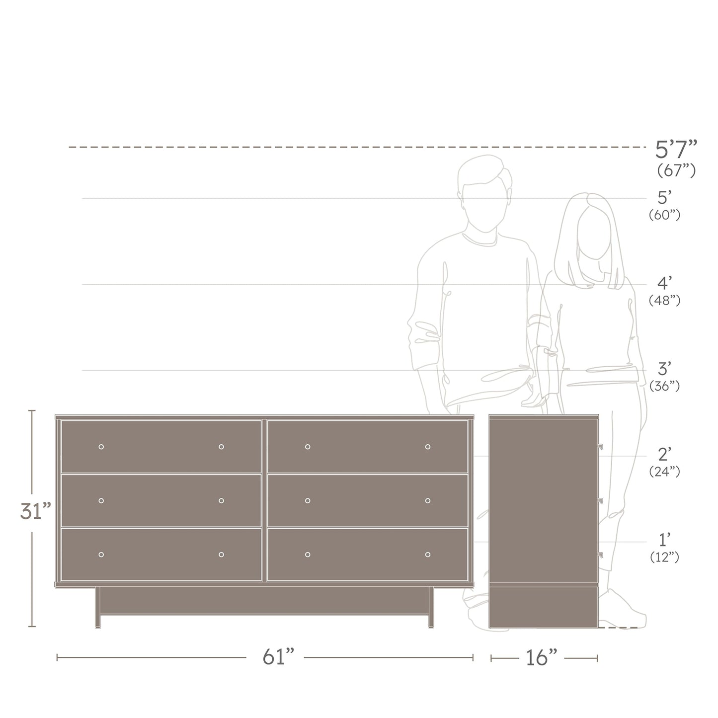 Prepac Finnley 6-Drawer Dresser in Natural Oak, Dresser for Bedroom, Extra-Wide Chest of Drawers with Storage, Modern Clothing Organizer for Home, Bedroom, Living Room, 16" D x 61" W x 31" H