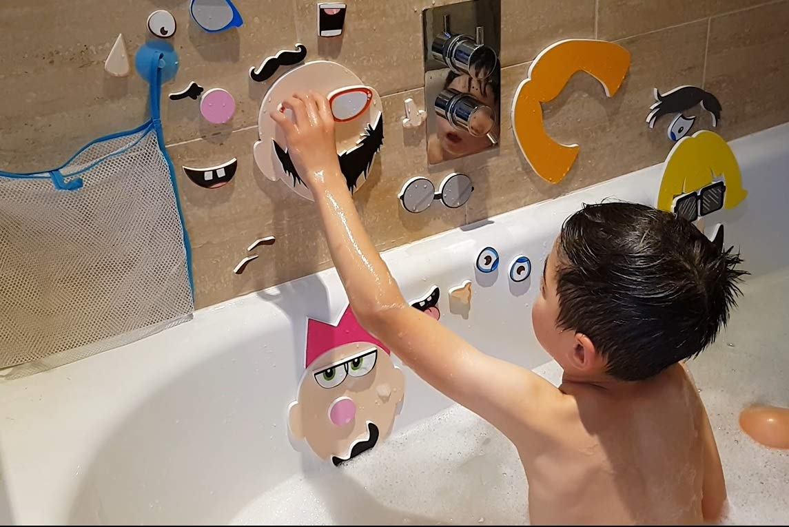 Buddy & Barney: Silly Faces Bath Time Stickers - 36 Reusable Foam Stickers & Mesh Storage Bag, Mix & Match, Fun Tub & Water Toy, Toddlers & Kids Age 3+