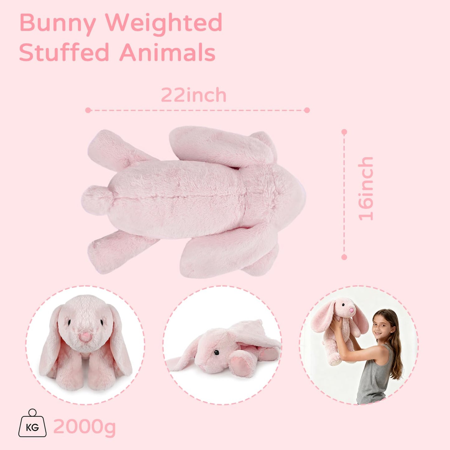 4.5 Lbs Cute Bunny Weighted Plush Stuffed Animal 22" Soft Pink Weighted Rabbit Plush Toys for Kids and Adults Huggable Doll for Boys Girls Gifts for Birthday Easter Christmas Mother's Day (Bunny)