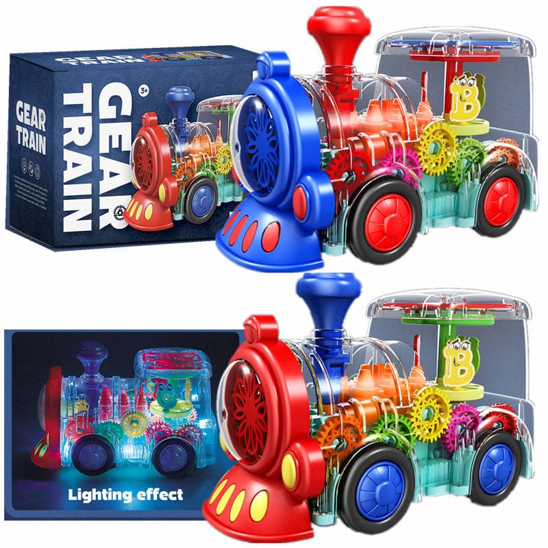Tooty Toy Transparent Sensory Train Toy -Interactive Light up Toys for Kids- Musical Train Toys with LED Light for Toddlers- Colorful Moving Gears- Tummy Time Crawling Baby Toy