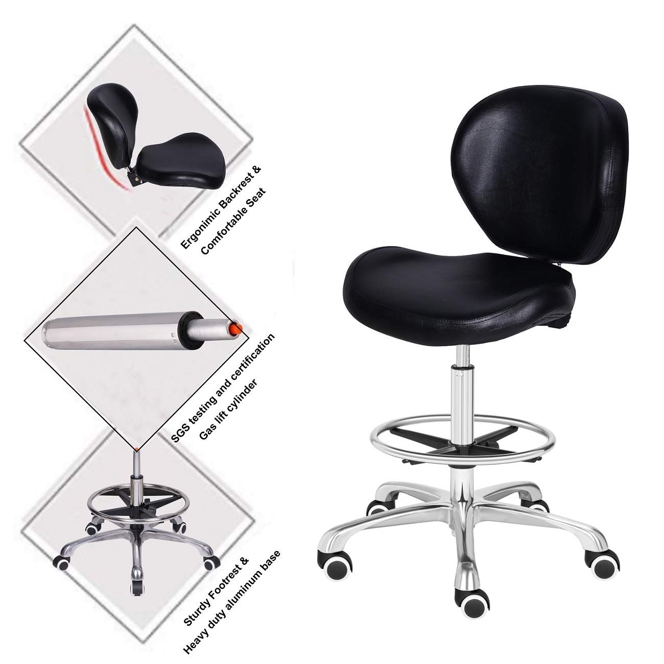 Kaleurrier Adjustable Stool Drafting Chairs: Tall Office Chair for Standing Desk with Backrest & Foot Rest - Ergonomic Drafting Stools with Rolling Wheels for Shop Studio Dental Salon Home(Black)