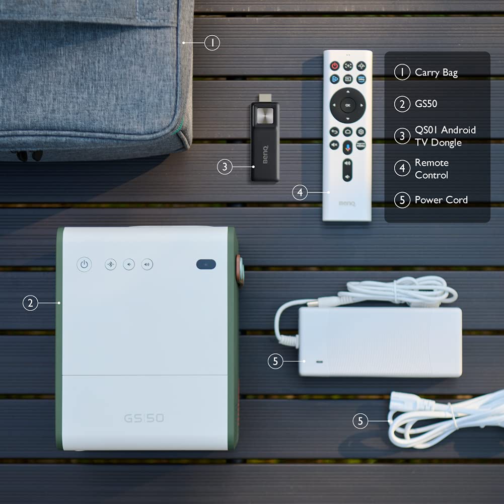 BenQ GS50 w/ carry bag1080p Wireless Outdoor 4K Supported Portable Projector | Bluetooth Speaker | IPX2 Splash & Drop Resistant | WiFi | Android TV | Chromecast & AirPlay | Auto Focus | 2D Keystone