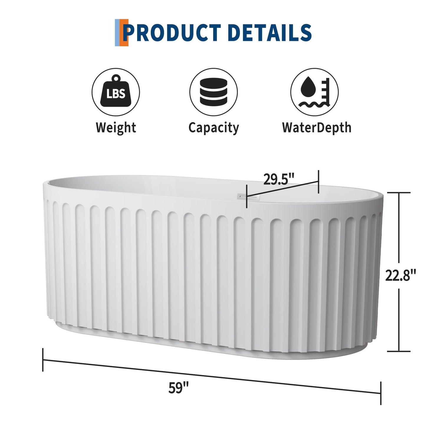 59" Modern V-Shape Freestanding Bathtub - Gloss White Acrylic Soaker with Pleated Design, Chrome Drain & Overflow,Cupc Certified,Gloss White