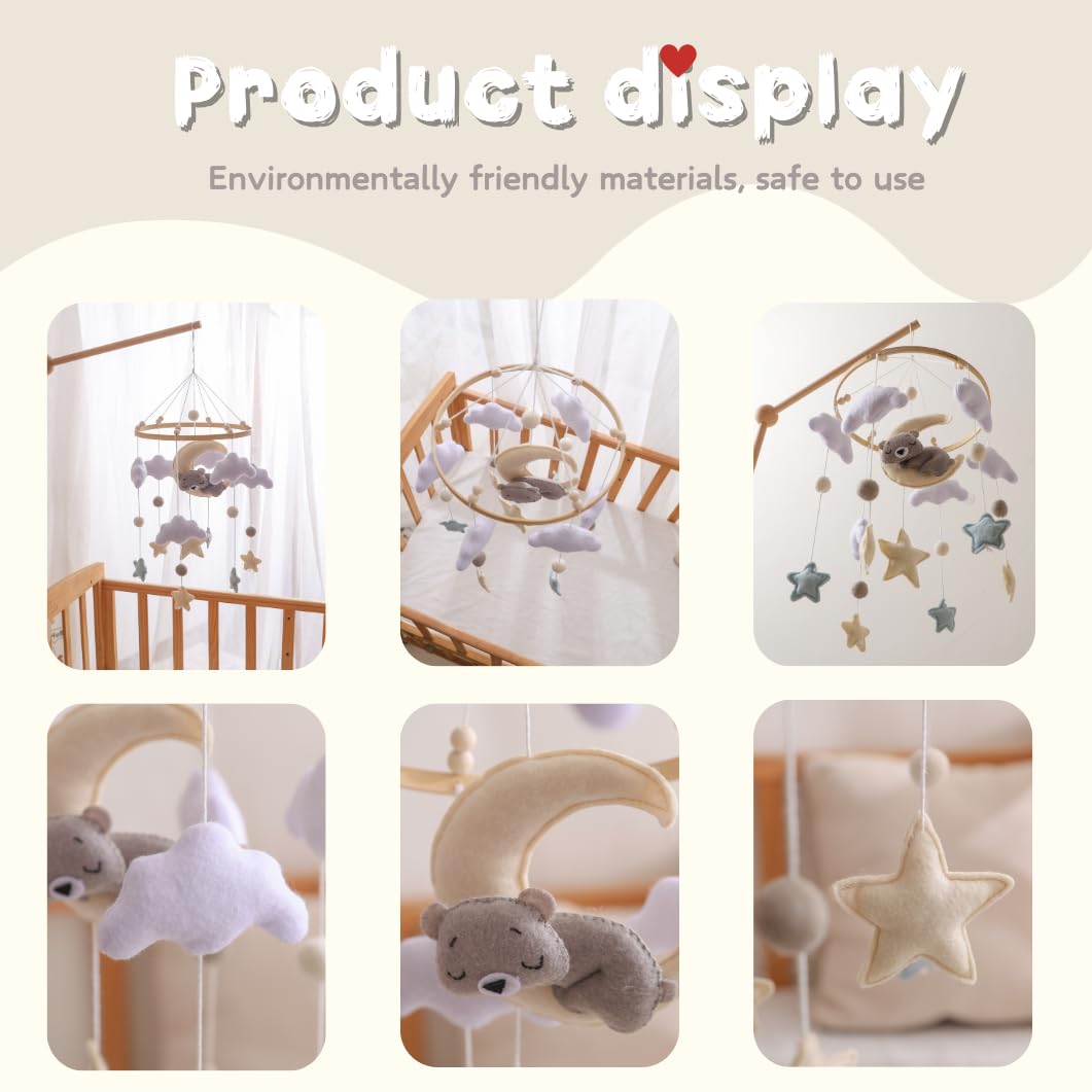 GOODMOM Baby Crib Mobile for Boys Girls Sleeping Bear Mobile for Crib, Baby Bassinet Mobile Toy for Soothing Sleep Gender Neutral Nursery Mobile - Sun, Moon, Cloud, Bear(Gery)
