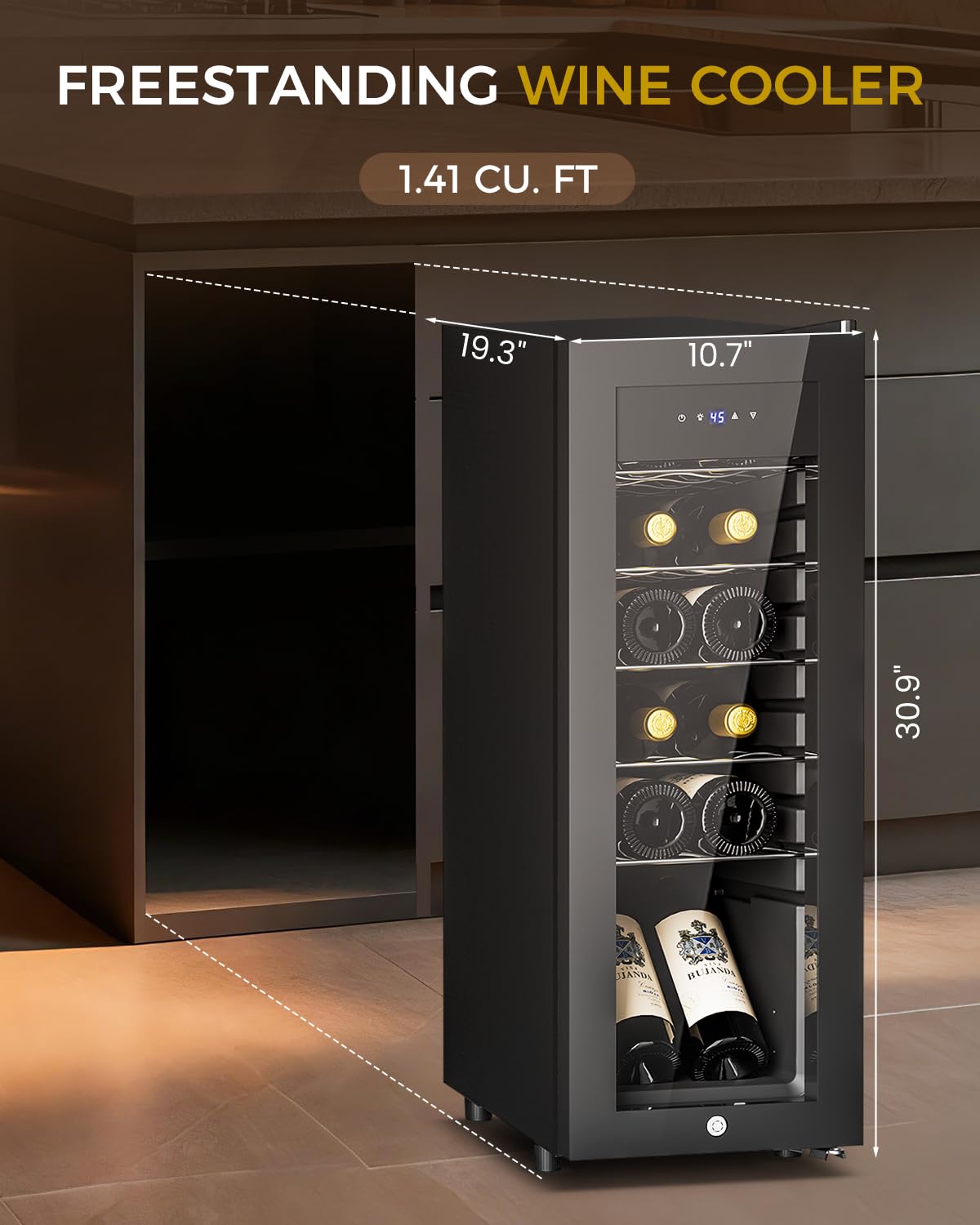 Feelfunn 12 Bottle Wine Cooler Refrigerator - Small Wine Fridge for Red, White, Champagne, Freestanding Wine Cellar with Glass Door & Digital Temperature Control for Home Bar, Office