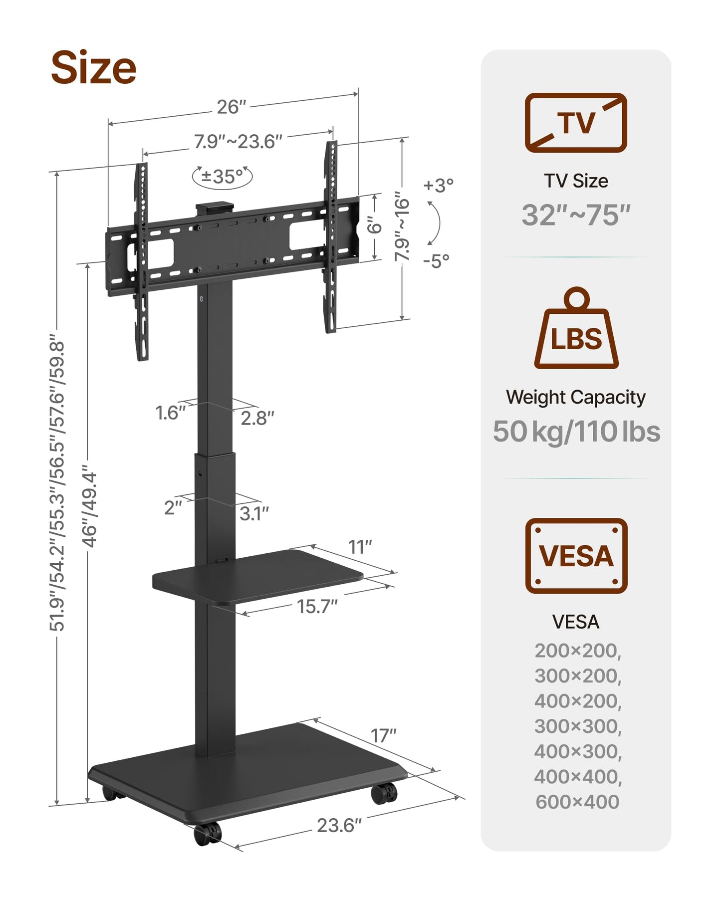 ECOTINY Steel Base Rolling TV Stand for 32-75 inch TVs up to 110 lbs, Leveling & Tilt & Swivel Mobile TV Stand with Hidden Wire Management, Height Adjustable Portable Tv Stand with Steel Shelf, Black