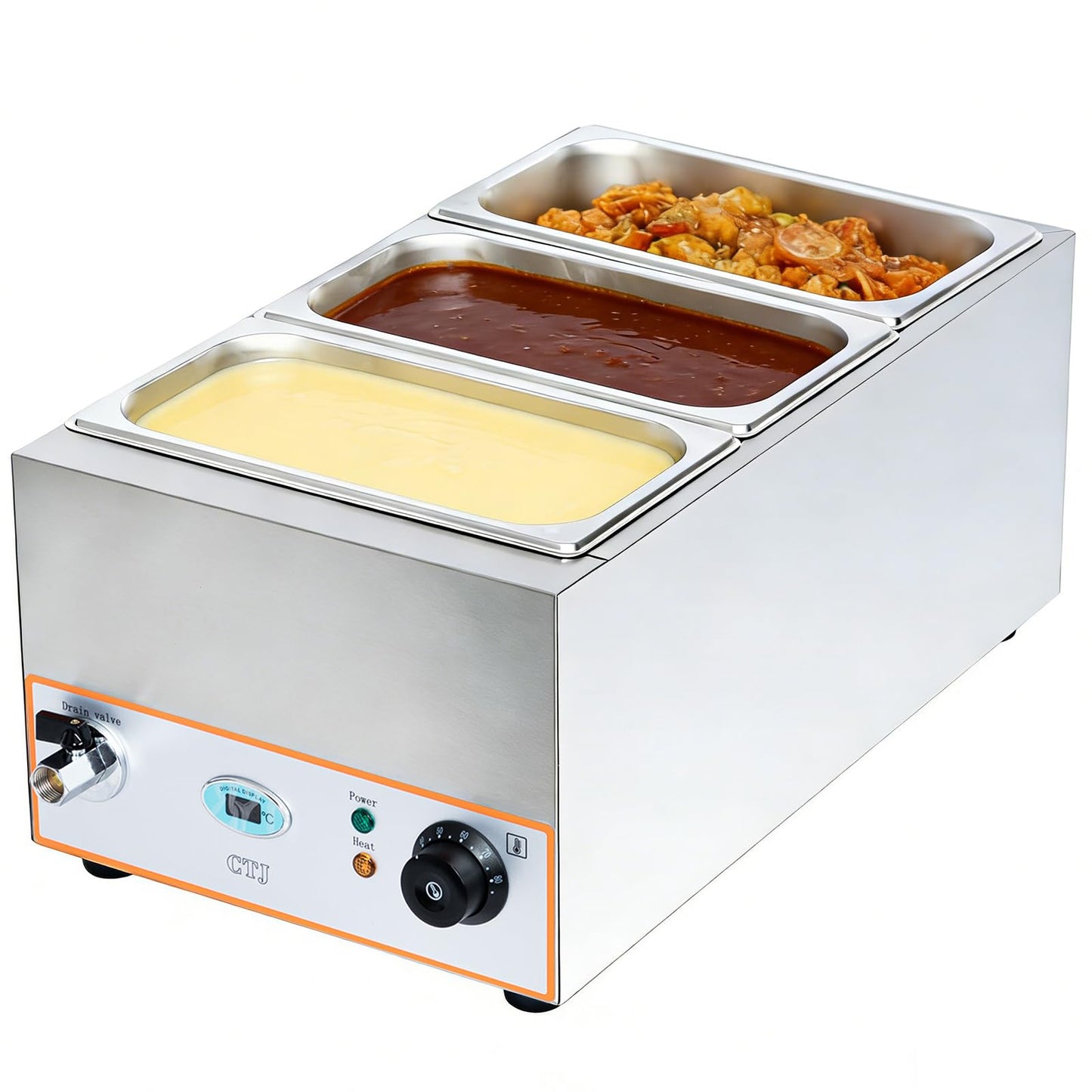 CTJ 3-Pan Commercial Food Warmer - 1500W Electric Steam Table Food Warmer 3x5.3 QT Stainless Steel Bain Marie, with Drain Faucet, Buffet Countertop for Home, Catering, Parties, Restaurants