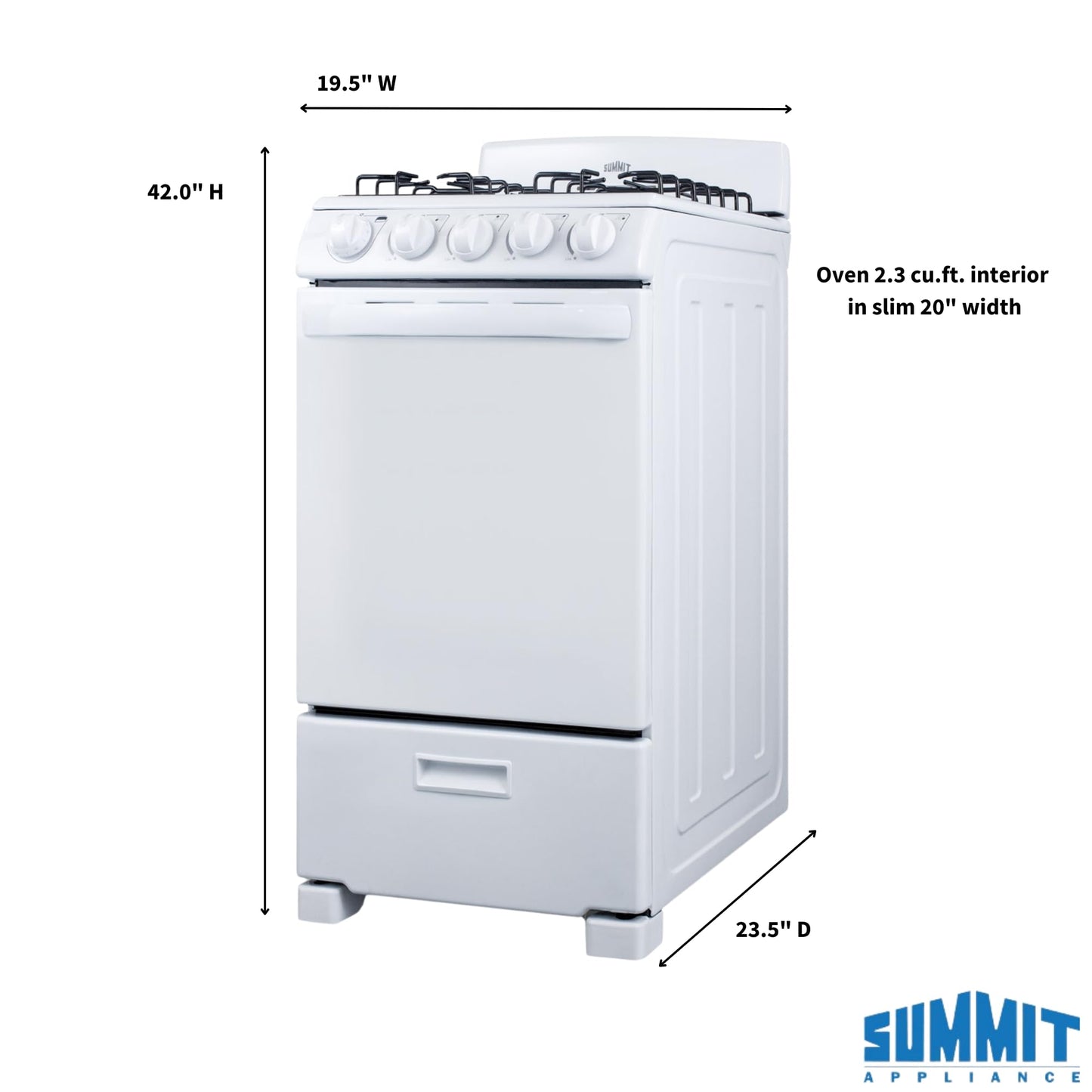 Summit 20” Inch Wide Gas Range, 4 Sealed Burners, 2.3 cu.ft. Oven (ADA Compliant) - RG200WS (White)