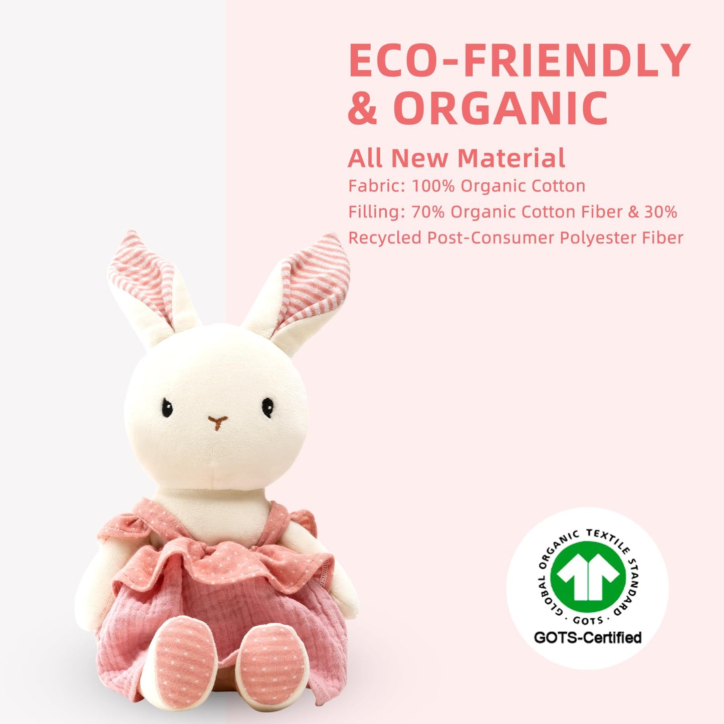 CUDDLE CORNER Bunny Stuffed Animal Organic Cotton Baby Plush Toys, 9" Organic Cotton Plush Bunny Toy with Dress, Cute Soft Stuffed Rabbit Doll for Babies and Toddlers