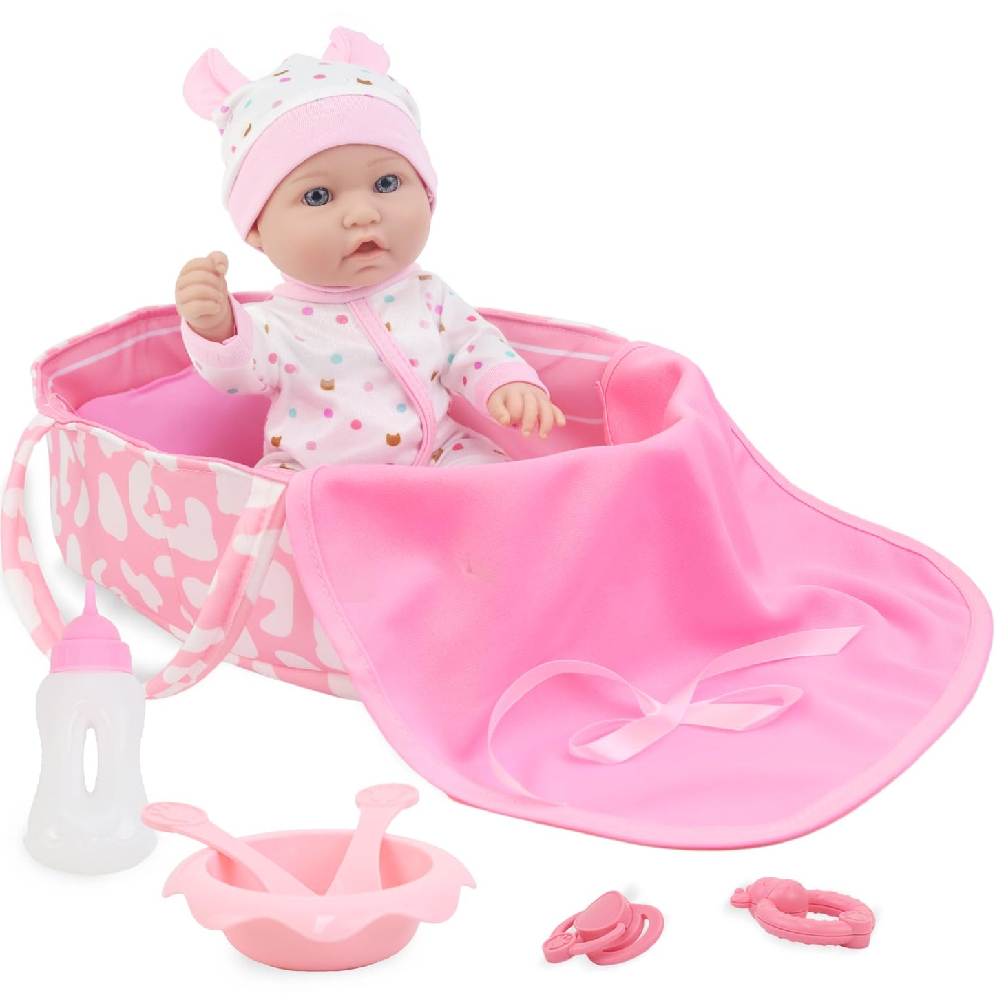ZITA ELEMENT 12 Inch Baby Doll with Accessories for Baby Doll Reborn Includes Carrier Bassinet Bed, Pacifier, Blanket, Pillow, Feeding Set, New Born Doll Playset for Toddlers 3 Ages and Up
