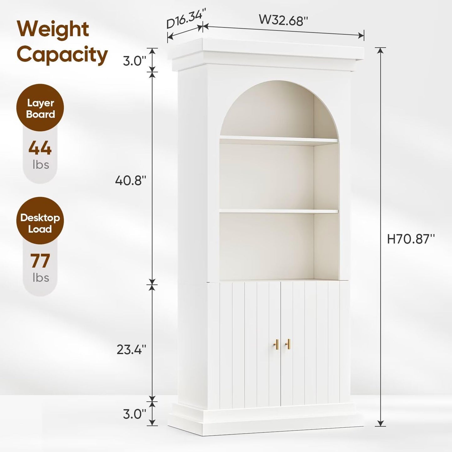 Vyre 71" Arched Kitchen Cabinet, Double Glass Door Display and Storage Cabinets with Drawers, Modern Pantry for Dining Room or Living Room, White with Gold Handles, 2 of Set