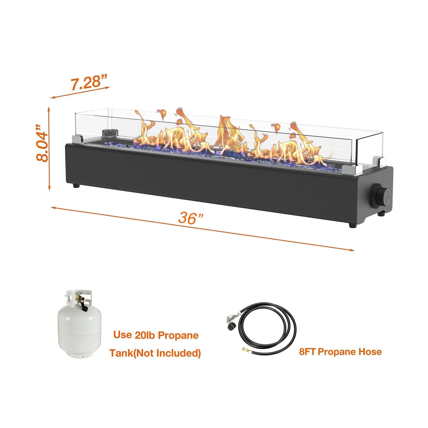 36-inch Table Top Propane Fire Pit, 40,000 BTU Tabletop Firepit for Patio, Outdoor Portable Rectangular Fire Bowl w/Wind Glass Shield, Glass Rocks - Black