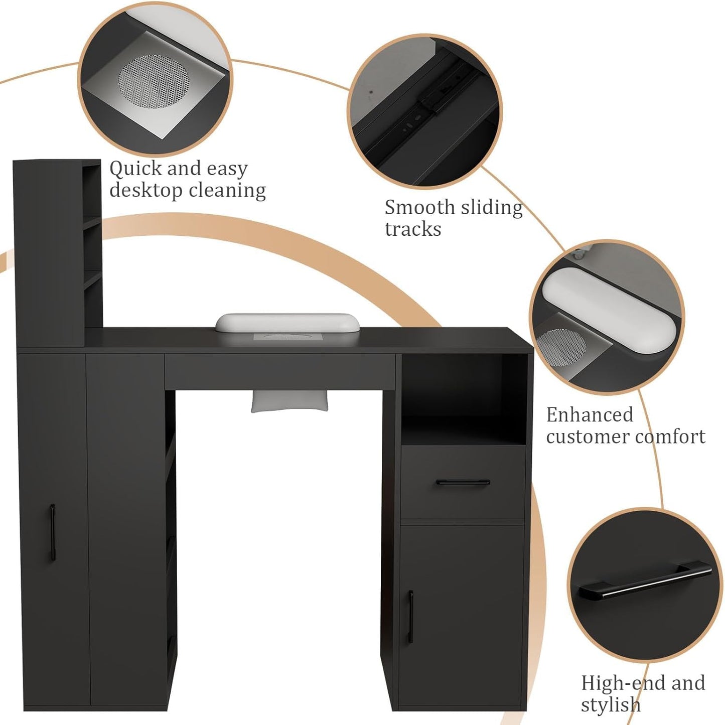 GOFEI Professional Nail Desk for Nail Tech with Storage Cabinet and Fan – Modern Nail Table for Salon, Nail Tech Table with Drawer, Armrest & Dust Collector,Manicure Table Nail Desk (Black)