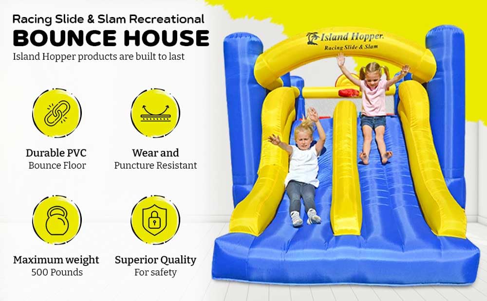 Island Hopper Racing Slide and Slam Inflatable Bounce House – Dual Slides, Climbing Wall & Basketball Hoop for Fun – Jumper for Kids with Durable PVC Build – Outdoor/Indoor Bounce House for Big Kids