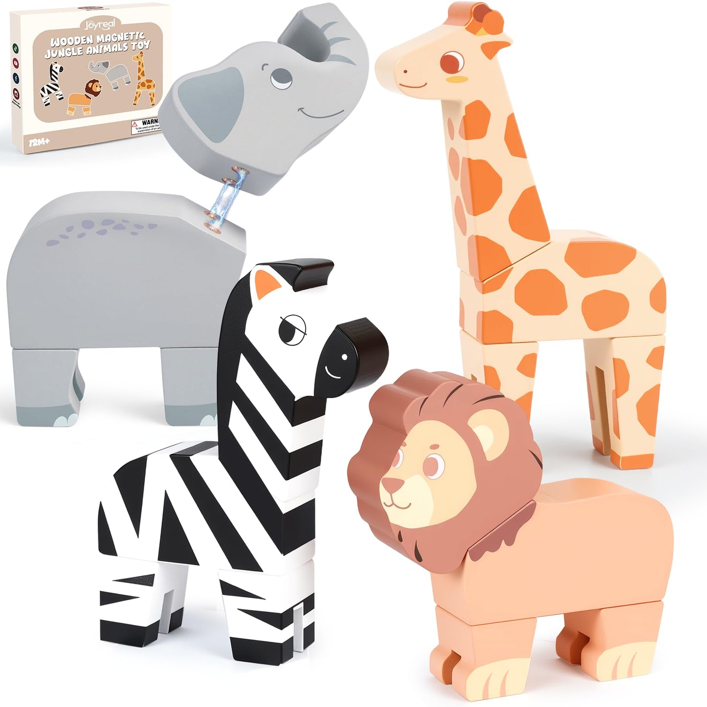 Joyreal Magnetic Jungle Animals Toy Play Set, 16 Pcs Wooden Building Blocks Play Set Toy for 1 Year Old, Fine Motor Montessori Game Preschool Educational Gift for Ages 1-5