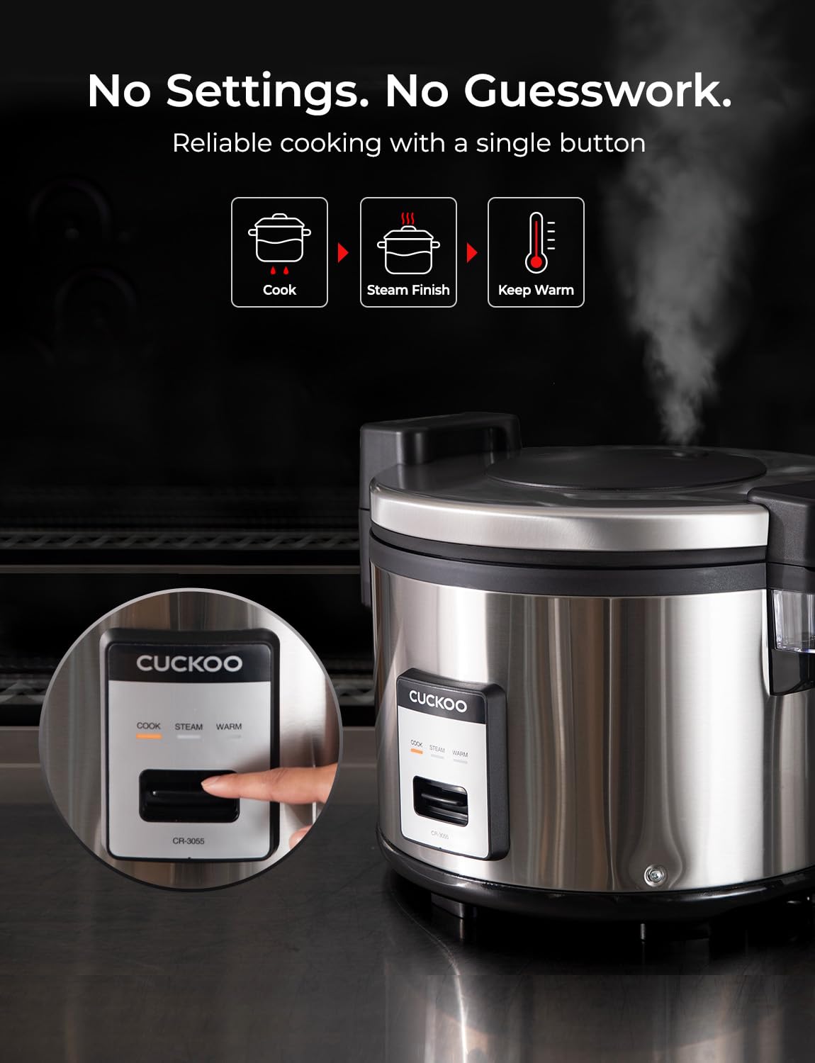 CUCKOO Commercial Rice Cooker & Warmer, Extra Large Rice Cooker 30-Cup Uncooked / 60-Cup Cooked, Professional Industrial Grain Cooker with Large Capacity, Easy One-Touch Operation, Silver (CR-3055)