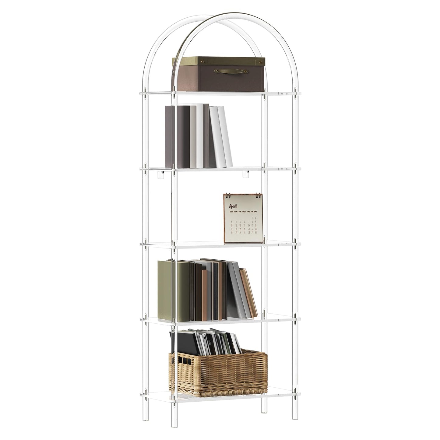 CRTERICX Acrylic Arched Bookshelf, 5-Tier Clear Bookcase, Modern Open Book Shelves for Home Office, Bedroom, Living Room, 11.8" D x 23.64" W x 65.7" H
