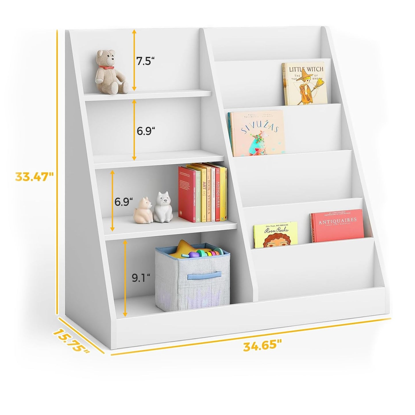 Tatub 6 Tier Kids Wooden Bookshelf and Toy Storage, Children Toy Organizer with Book Shelves, Toddler BookRack Baby Bookcase for Nursery, Playroom and Classroom, White