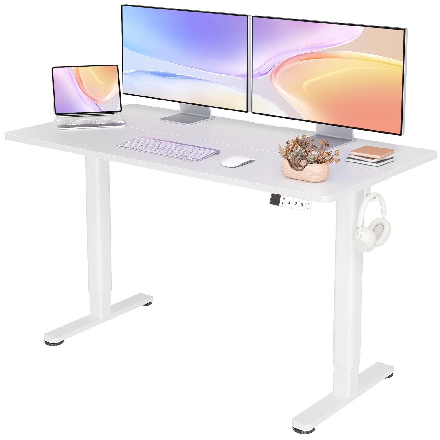Seang Electric Height Adjustable Standing Desk, 55 x 24 Inch Sit-Stand Desk with T-Shaped Frame, 3 Memory Presets & Cable Management for Home Office Computer Workstation, White Frame/White Top