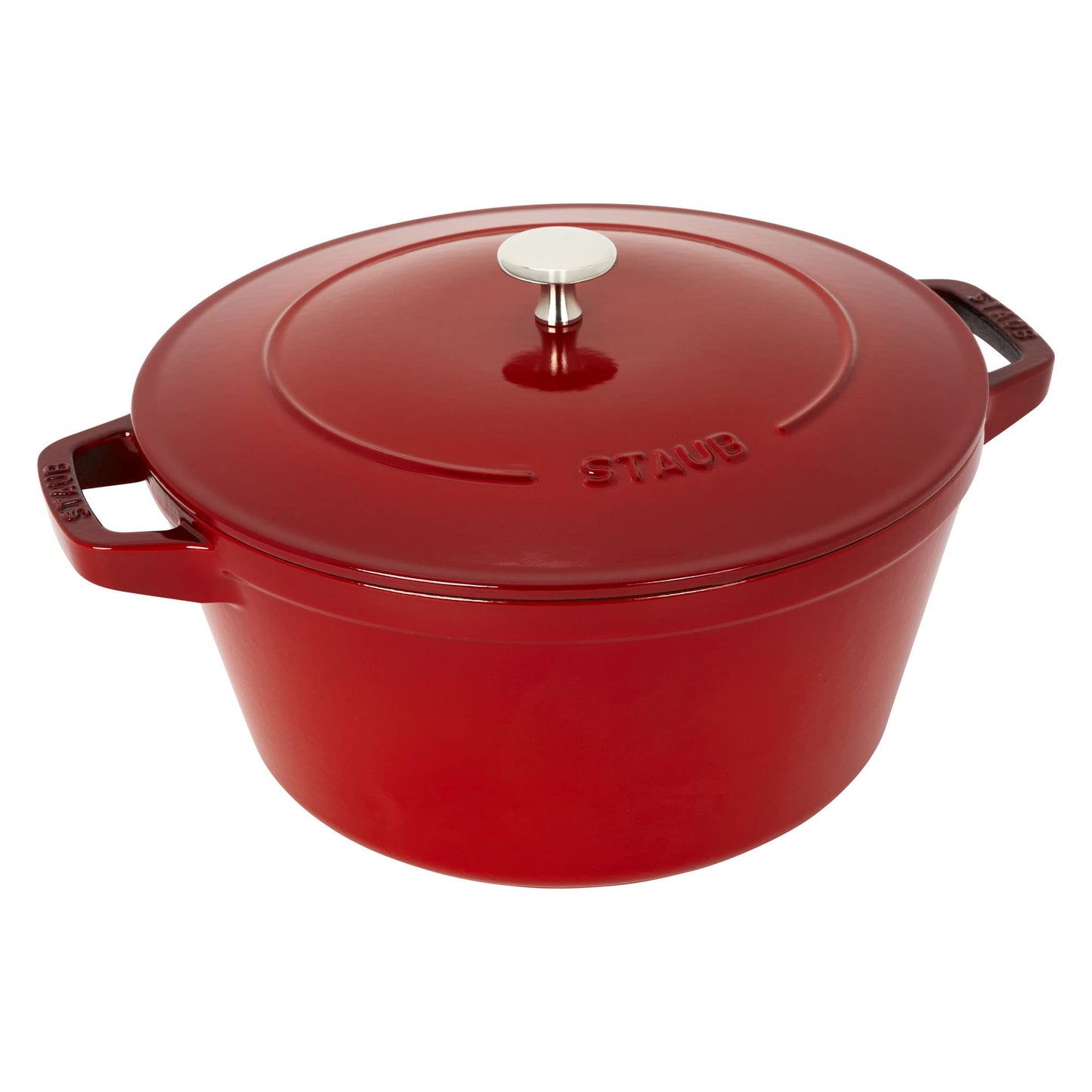 STAUB Cast Iron Set 4-pc, Stackable Space-Saving Cookware Set, Dutch Oven, Skillet, Grill Pan with Universal Lid, Made in France, Cherry