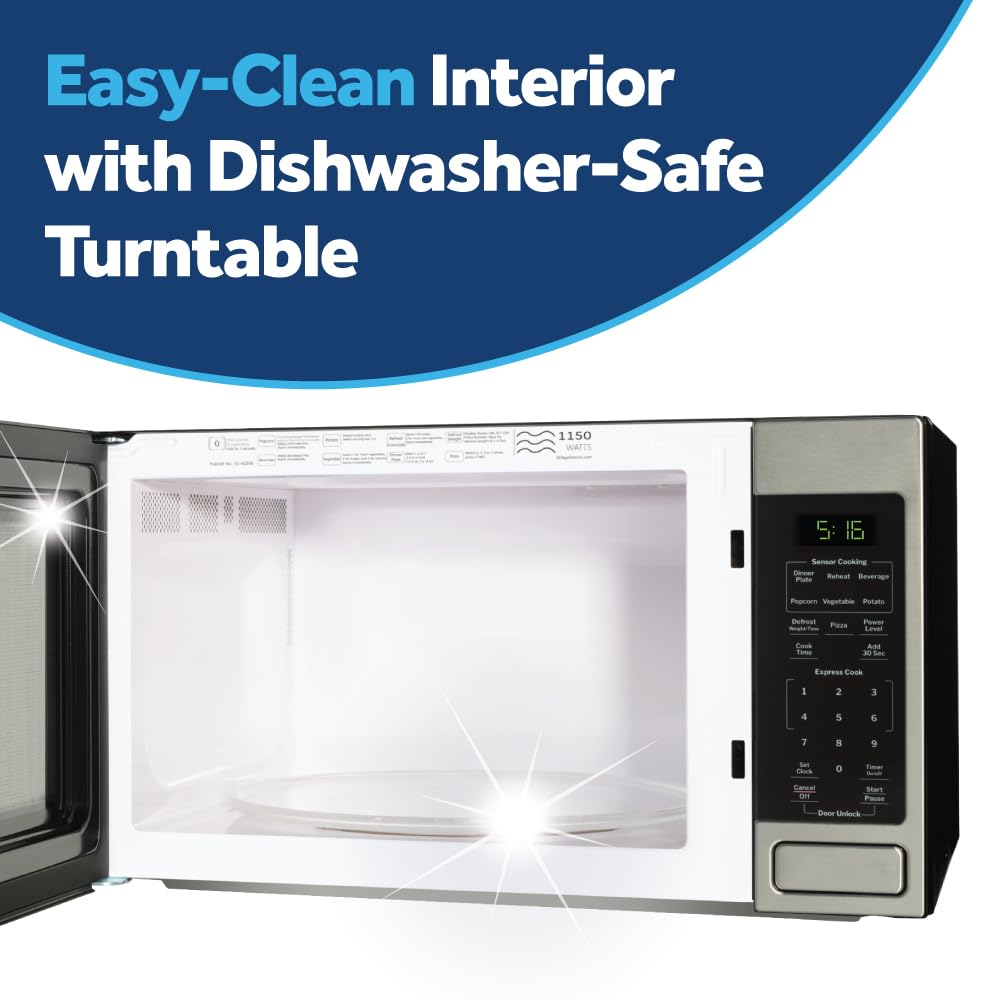 GE Countertop Microwave Oven, 1,150-watt Capacity, 1.6 Cubic Ft., 8 Auto Setting Cooking Settings, Child-Lock Technology, Kitchen Essentials for the Countertop, Dorm Room or Apartment, Stainless Steel