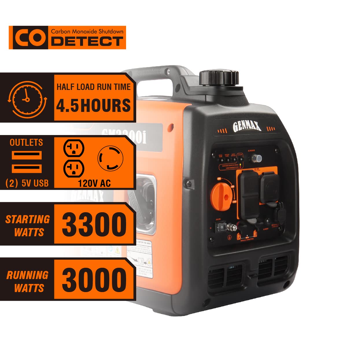GENMAX Portable Generator，3300W Ultra-Quiet Gas Engine, EPA Compliant, Eco-Mode Feature, Ultra Lightweight for Backup Home Use & Camping (GM3300i)