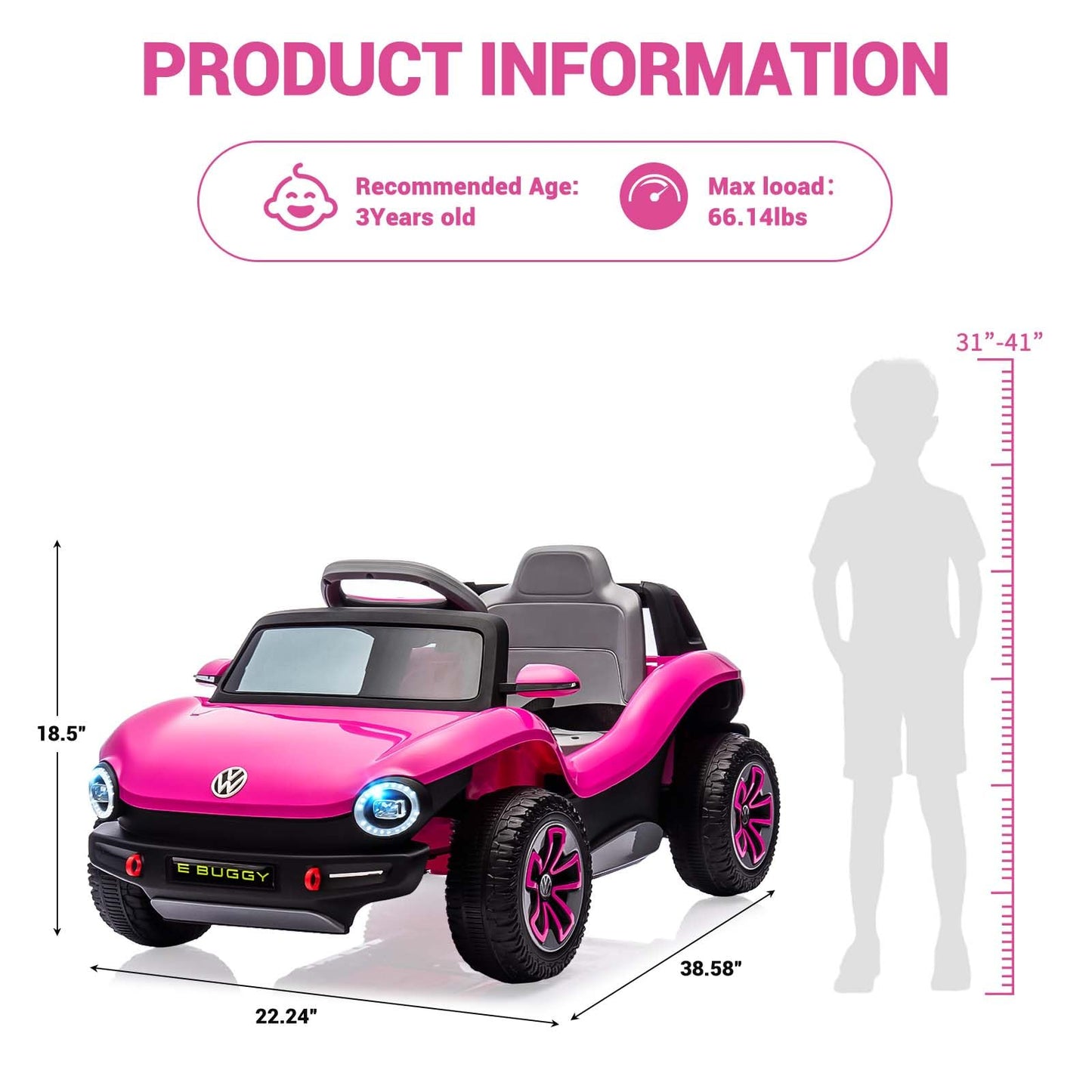 GarveeLife 12V Kids Ride On Car Licensed Volkswagen Beetle Electric Ride On Toy for Toddlers 4 Wheeler Vehicle with Parental Remote, Battery Level Display, LED Lights, USB, Horn, Music, Pink