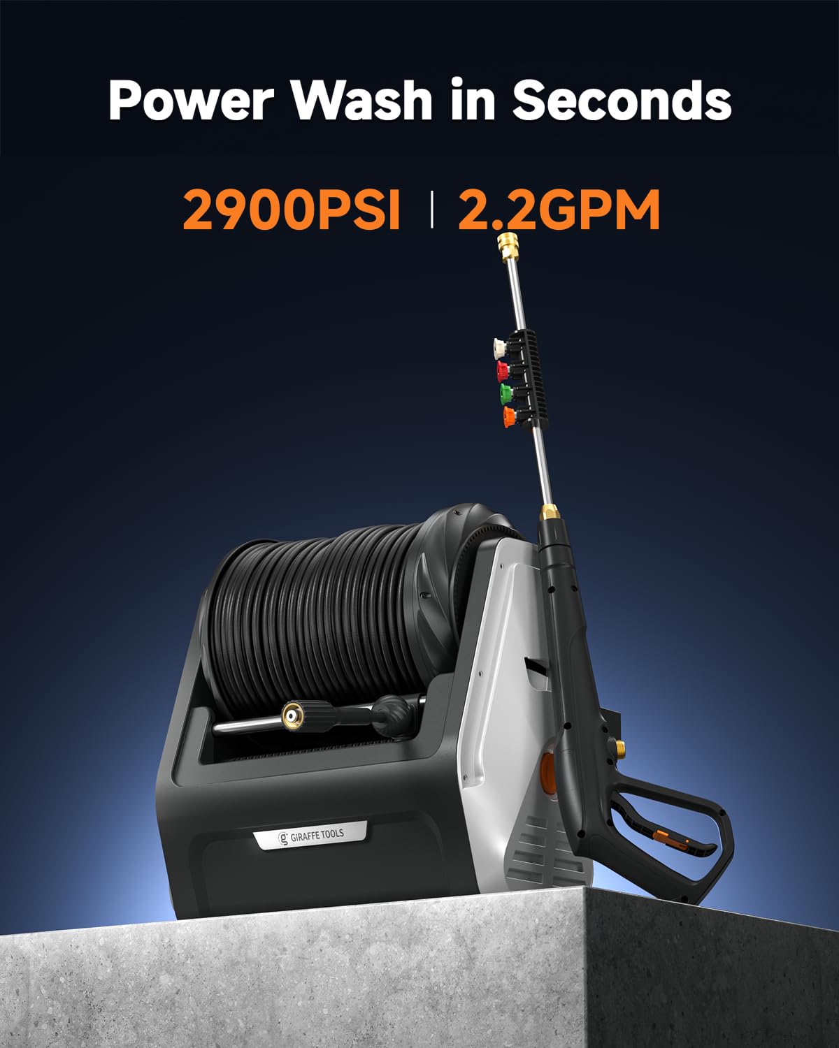 Giraffe Tools Wall Mounted Pressure Washer Essential with Upgraded 1800W Motor, 2900 PSI, 2.2 GPM Electric Power Washer, Automatic Rewind, 100ft Pressure Hoses, 5 Nozzles for Floor/Cars/Fences/Patios