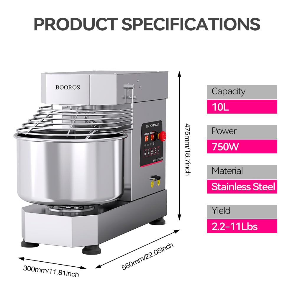 BOOROS Commercial Dough Mixer 750W Dual Rotating Dough Kneading Machine Pizza Dough Mixer 10.5Qt Capacity with Timer & Safety Shield Make 2.2-11Lbs of Dough Suitable for Bakery Pizzeria,110V