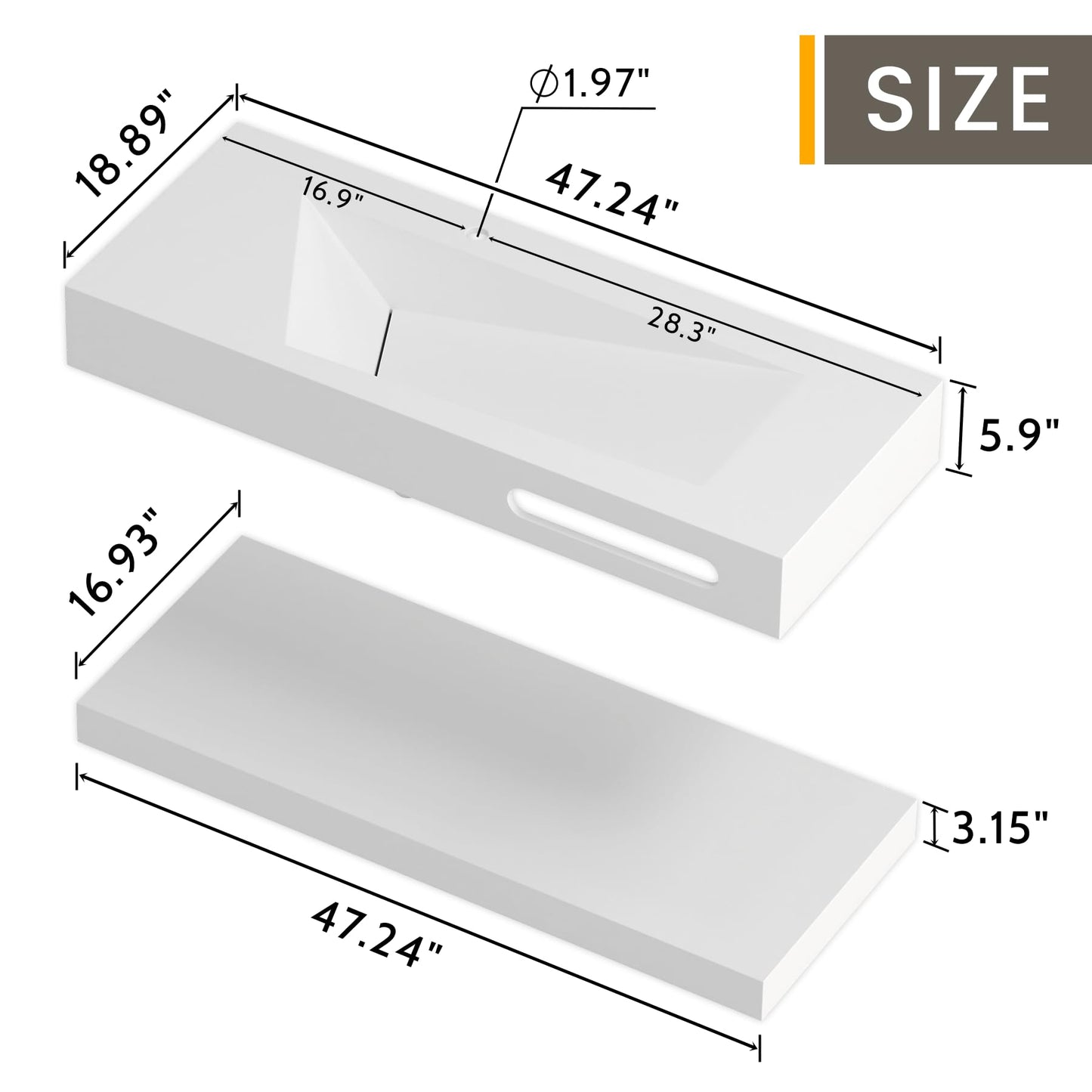 QJ&XY Resin Bathroom Sink 48" Wall Mounted V-Shaped White Basin with Towel Rack, Floating Vanity Sink in Soft-Touch Finish (Double Tier)